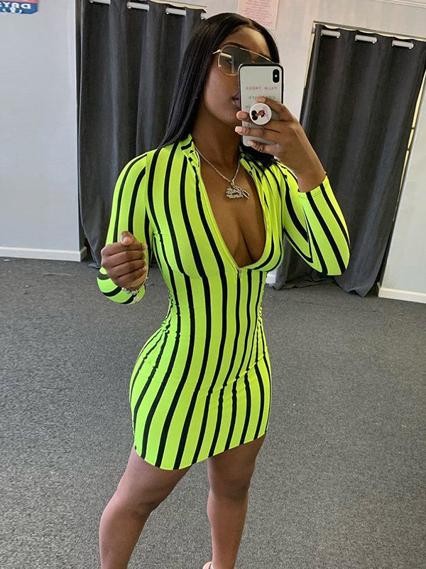Sexy Fluorescent Striped Long Sleeves Mini Dresses