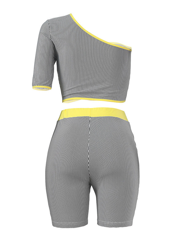 Striped One-Shoulder Exposed Navel Tees&Shorts Suits
