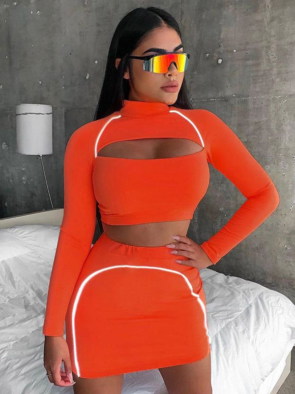 Fluorescence Long Sleeves Hollow Tees&Skirts Suits