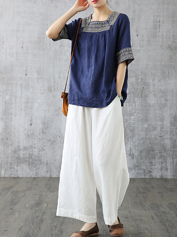 Casual Square-Cut Collar National T-Shirts