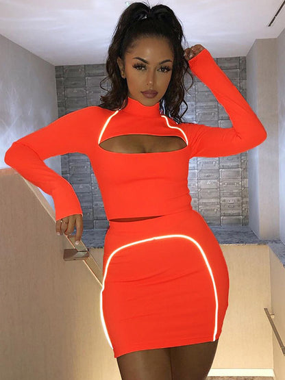 Fluorescence Long Sleeves Hollow Tees&Skirts Suits