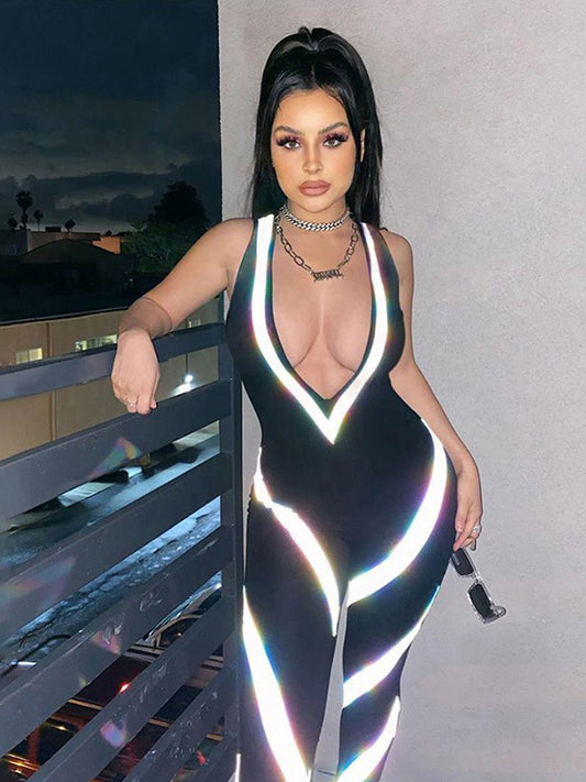 Sexy Wrap V-Neck Reflective Jumpsuits
