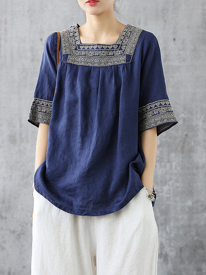 Casual Square-Cut Collar National T-Shirts