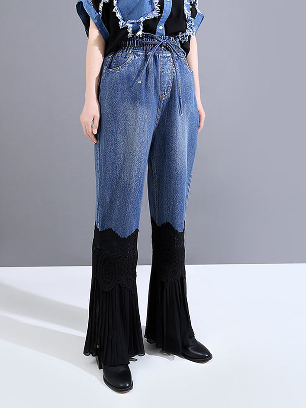Vintage Split-Joint Lace Flared Jean Pants