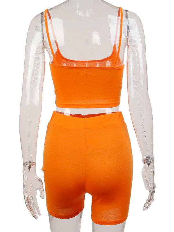 Solid Color Spaghetti-Neck Bra&Shorts Suits