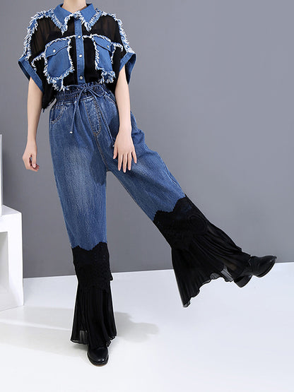Vintage Split-Joint Lace Flared Jean Pants