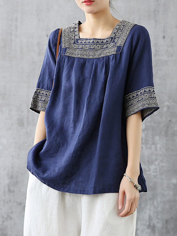Casual Square-Cut Collar National T-Shirts