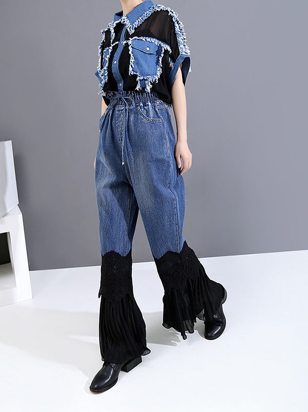 Vintage Split-Joint Lace Flared Jean Pants