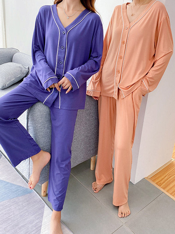 Two Pieces Solid Color Loose Comfort Tops And Pants Pajamas