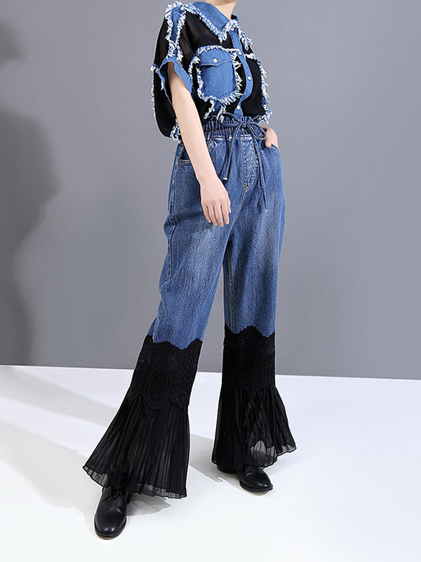 Vintage Split-Joint Lace Flared Jean Pants