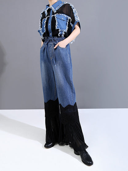Vintage Split-Joint Lace Flared Jean Pants