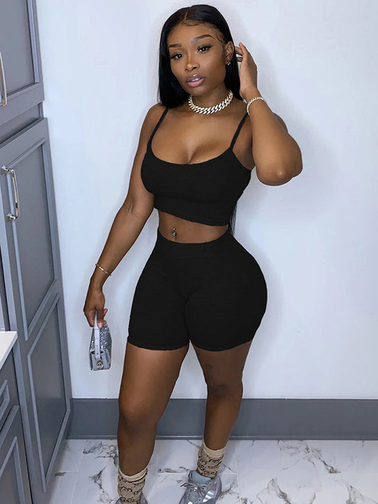 Solid Color Spaghetti-Neck Bra&Shorts Suits