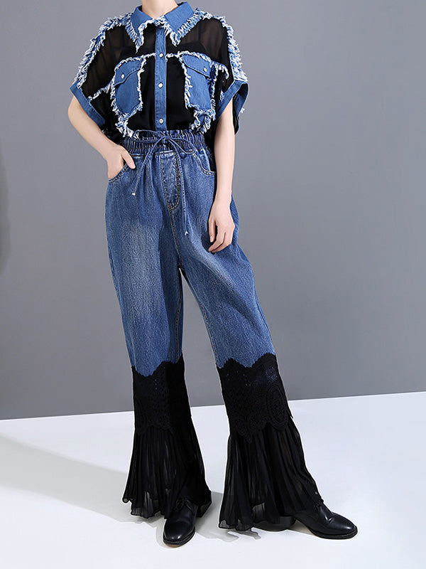 Vintage Split-Joint Lace Flared Jean Pants