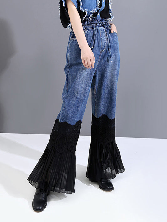 Vintage Split-Joint Lace Flared Jean Pants