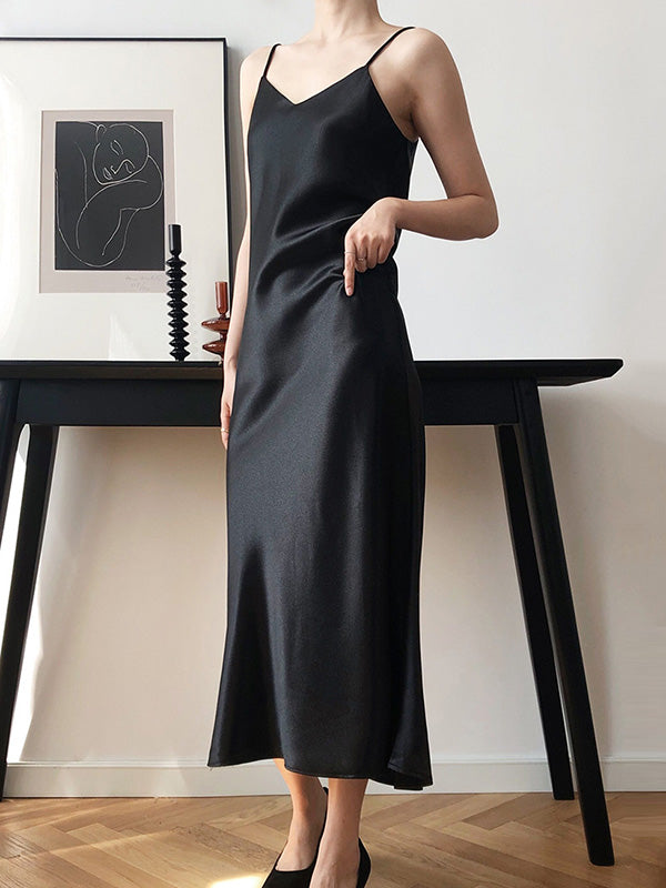 Original Solid V-Neck Suspender Dress