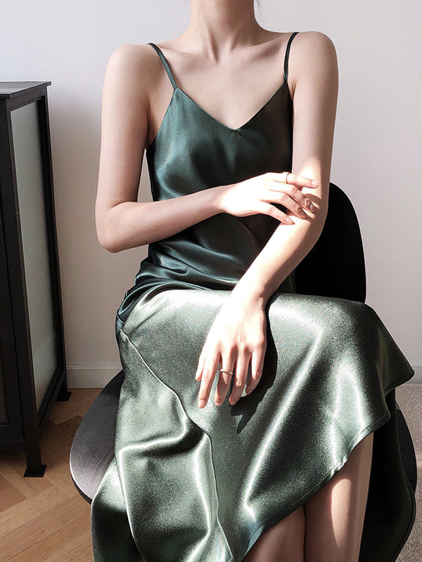 Original Solid V-Neck Suspender Dress