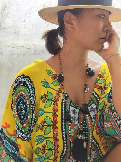 Elegant V-neckline Short Sleeves Maxi Print Bohemia Dress