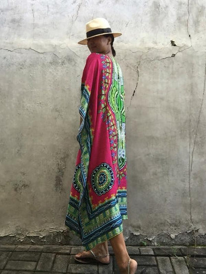 Elegant V-neckline Short Sleeves Maxi Print Bohemia Dress