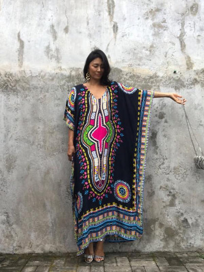 Elegant V-neckline Short Sleeves Maxi Print Bohemia Dress