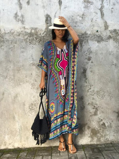 Elegant V-neckline Short Sleeves Maxi Print Bohemia Dress