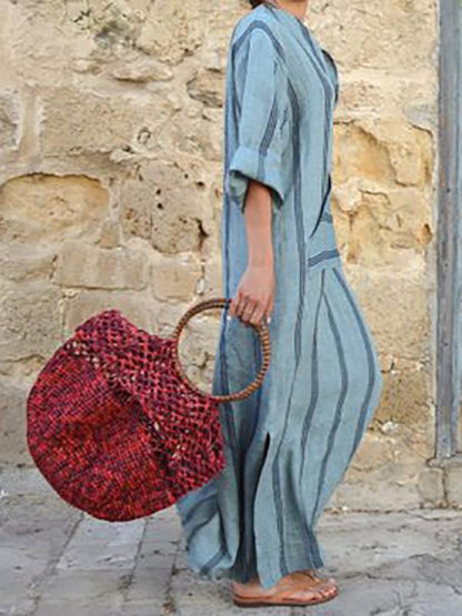Remain Cotton Striped V-neck Loose Maxi Dress