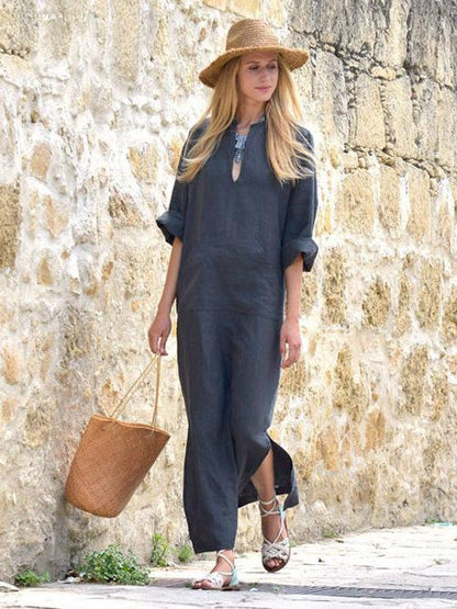 Simple Loose V-neck Split-side Maxi Dress