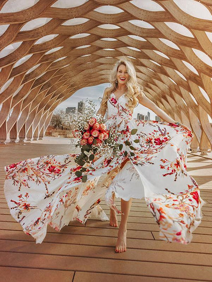 Bohemia Floral V-Neck Waisted Maxi Dress