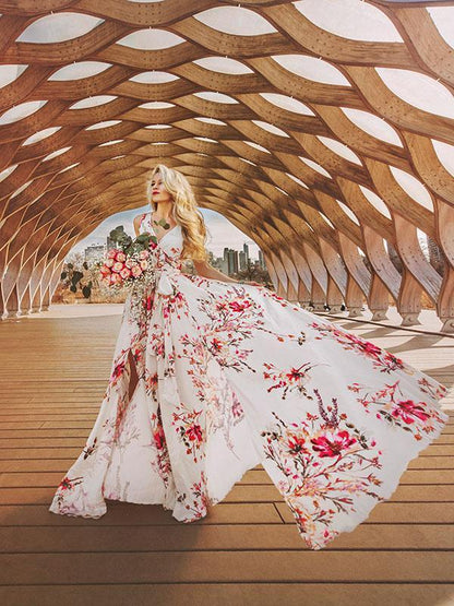 Bohemia Floral V-Neck Waisted Maxi Dress