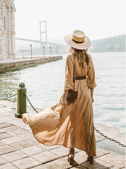 Pretty Bohemia Polka-dot V Neck Maxi Dress