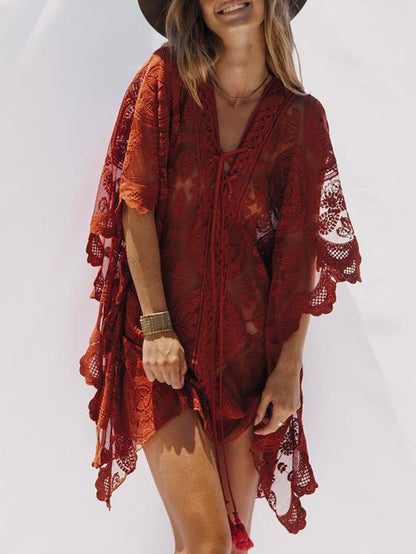 Sexy Red Lace Bandage Cover-up Mini Dress