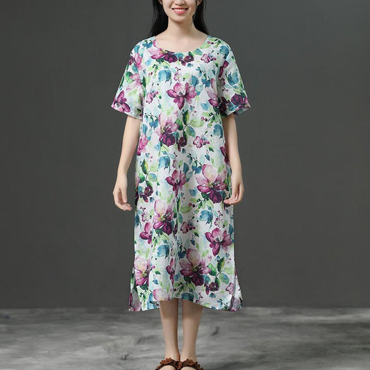 Short Sleeve Casual Loose Flower Linen Dress