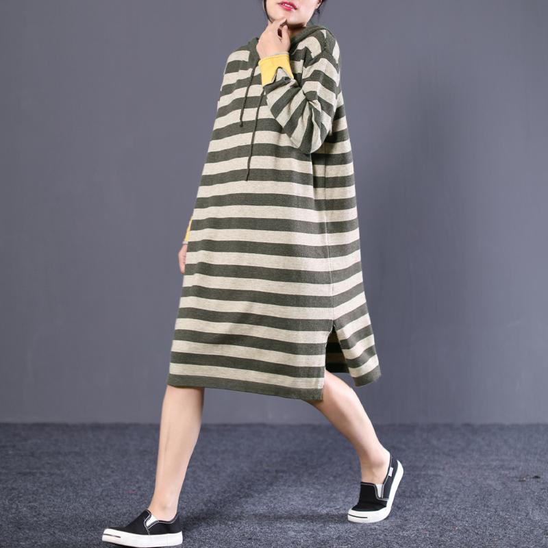 Women Cotton Hooded Striped Black Gray Sweater Dress