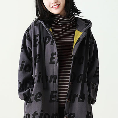 Letter Print Women Winter Hooded Coat