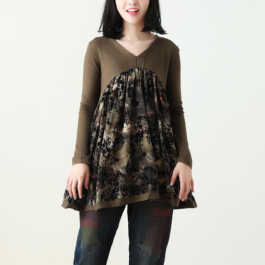 V-neck Knitting Print Top Or Denim Pants