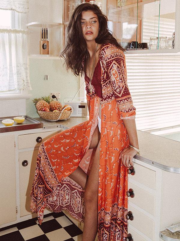 Floral Long Sleeves Beach Cover-Ups Dress