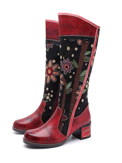 Casual vintage ethnic leather knee boots
