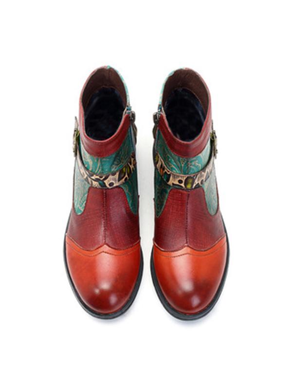 Plant Textured Leather Craft Flat Casual Booties