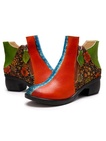 plant print ladies leather comfortable boots