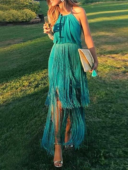 Zipper Backless Tassel Ethnic Style Clothing Dress