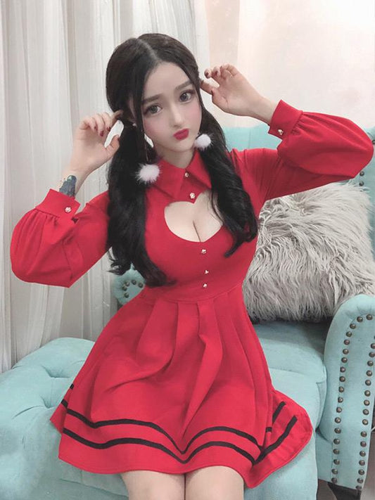 Sexy Long Sleeve Waist Pleated Lapel Dress