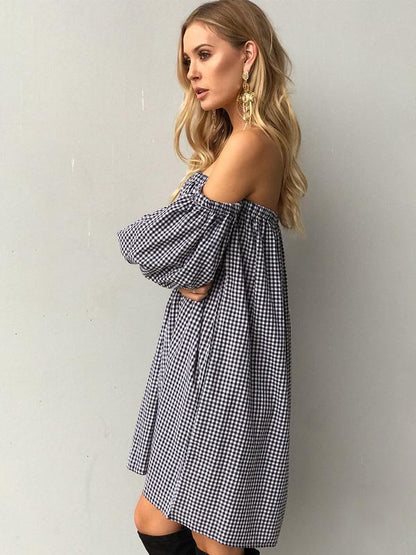 Bohemia Plaid Off Shoulder Long Sleeves Mini Dress