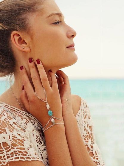Bohemia Turquoise Hollow Carving With Ring Bracelet Accessories