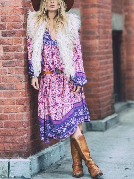 Pink Floral Long Sleeves Maxi Beach Bohemia Dress