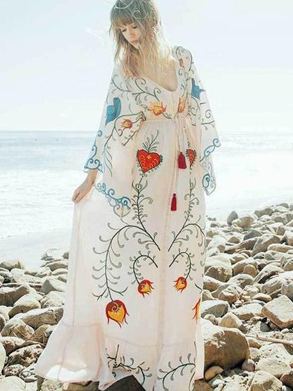 Bohemia Retro Embroidered Falbala Maxi Dress