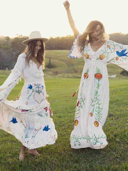 Bohemia Retro Embroidered Falbala Maxi Dress