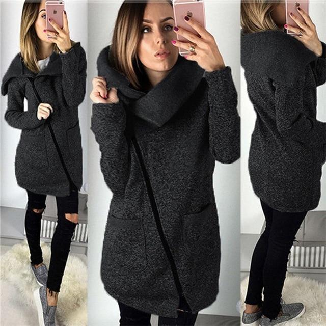 Women Spring Winter Zipped Sweatshirt Big Colar Coat
