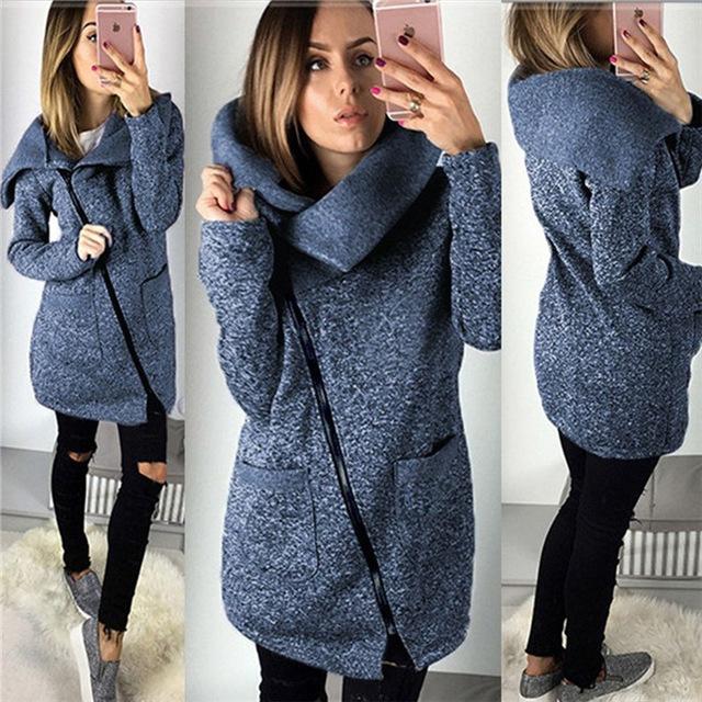 Women Spring Winter Zipped Sweatshirt Big Colar Coat