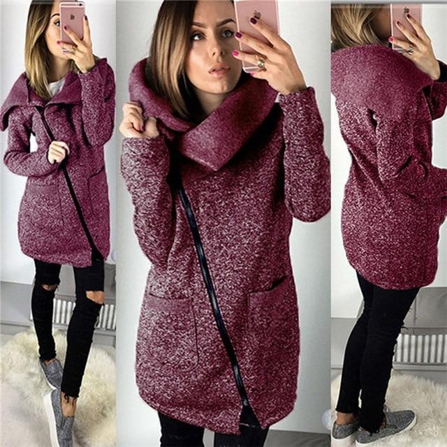 Women Spring Winter Zipped Sweatshirt Big Colar Coat