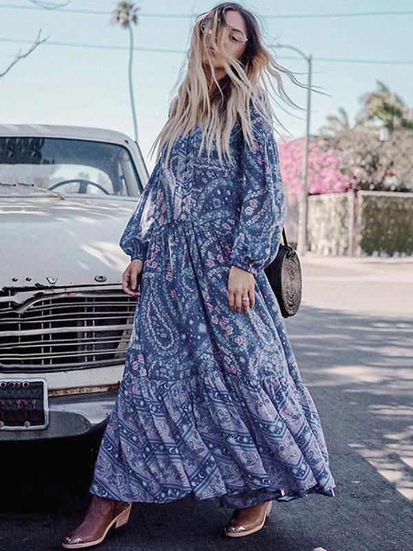 Printed V-neck Puff Sleeves Bohemia Maxi Dresses