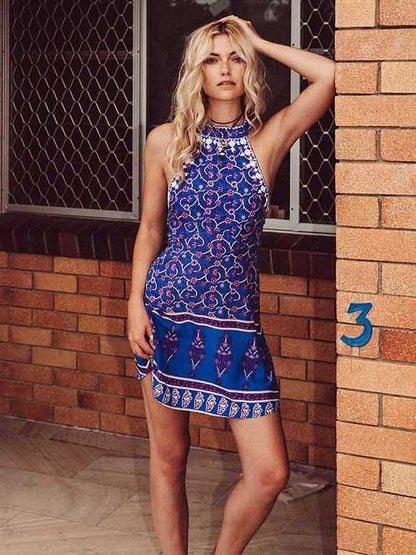 Floral Halter Neck Backless Mini Dress